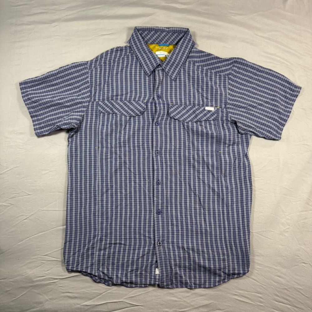 Columbia Omni-Shade Mens L Blue Plaid Short Sleeve Shirt Sun Protection Hiking